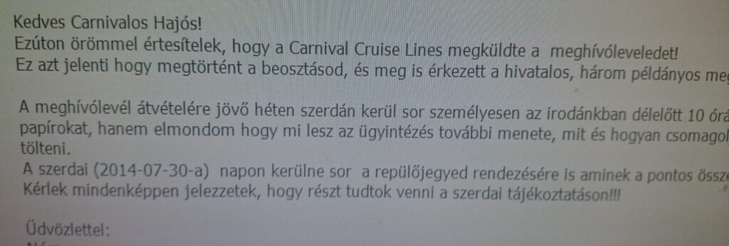 Értesítés a Carnival hajós munkához szükséges meghívólevél megérkezéséről